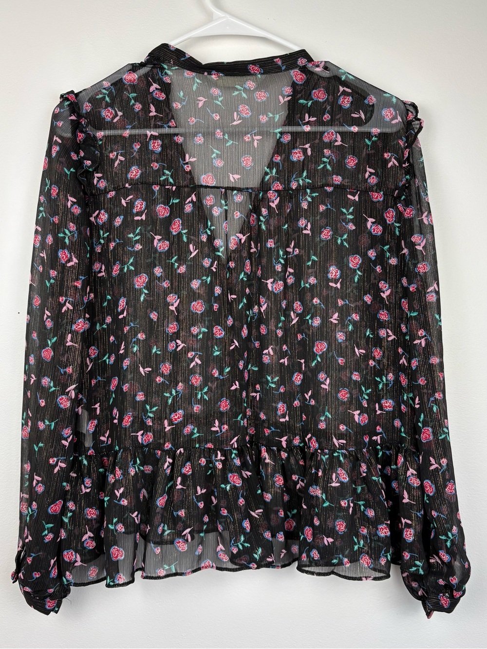 Zara Black Sheer Floral Peplum Blouse Metallic Accents Medium EUC Cottagecore - Picture 6 of 9